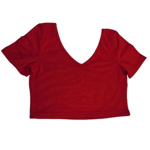 ZILEZILE Women Sexy Off Shoulder V-Neck Short Sleeves Red Crop Top Size Medium